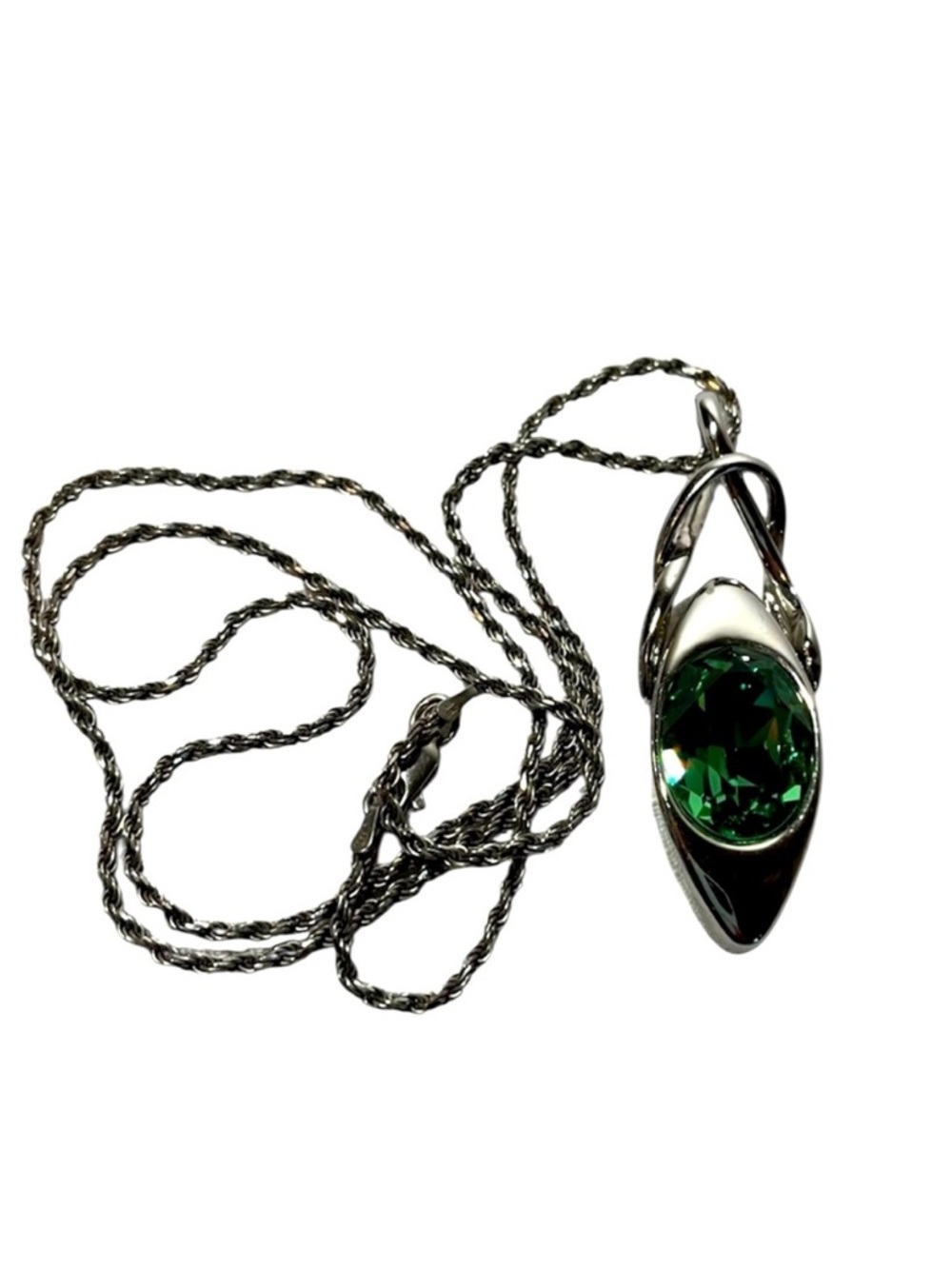 Sterling Silver Chain with silver-tone pendant with large green crystal stone